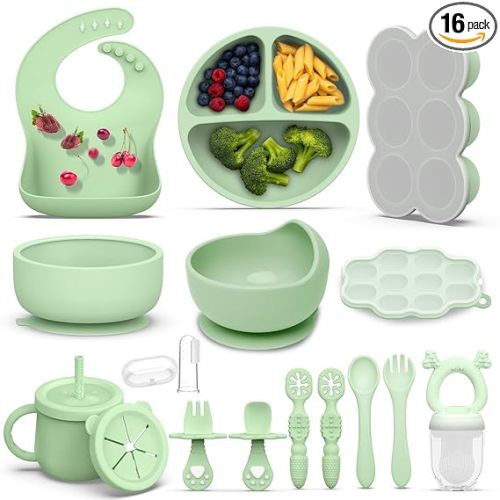 16 Pack Silicone Baby Feeding Set, BPA-Free Baby LED Weaning Supplies, Include Suction Plates, Baby Bowls, Silicone Fork & Spoon, and More, First Stage Baby Food Eating Utensils - 6+ Months(Green, 16)