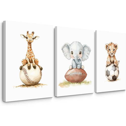 Sports Nursery Wall Art Baby Boys Room Canvas Pictures Safari Animal Wall Decor Jungle Nursery Prints Kids Poster Cute Painting Football Soccer Baseball Artwork for Bedroom
