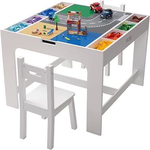 Kids 2 in 1 Play Table and 2 Chair Set with Storage, Compatible with Lego and Duplo Bricks, Activity Table Playset Furniture with Modern White Color