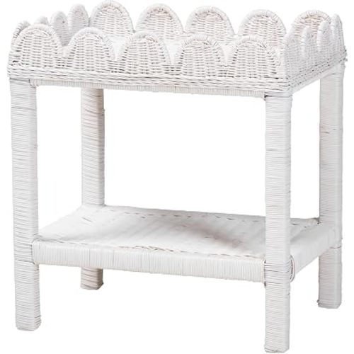 Bali & pari Sumana Natural Rattan Side Table - Handwoven Wicker 2-Tier Accent End Table with Scalloped Tray Top for Living Room, White
