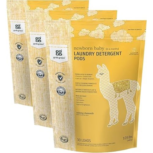 Grab Green Newborn Baby Laundry Detergent Pods, 30 Count, Calming Chamomile Scent, Plant and Mineral Based, Formulated to Tackle Newborn (0-4 Months) Laundry Stains (Pack of 3)