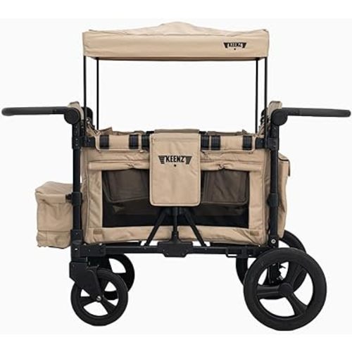 Keenz MOOV 4-Passenger All-Terrain Stroller Wagon with Reclining Seats, Built-in Cooler, Push/Pull Handle, Rubber Wheels, and Activity Tray – Foldable Wagon for Four Kids, Mocha