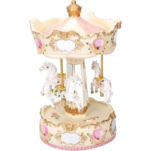 Elanze Designs Cupid Rose Garland Horses Musical Carousel 10 inch Rotating Figurine Plays Tune Carousel Waltz