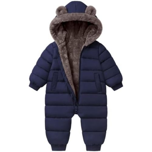 Baby Toddler Winter Snowsuit Fleece Lined Hooded Romper for Boys Girls