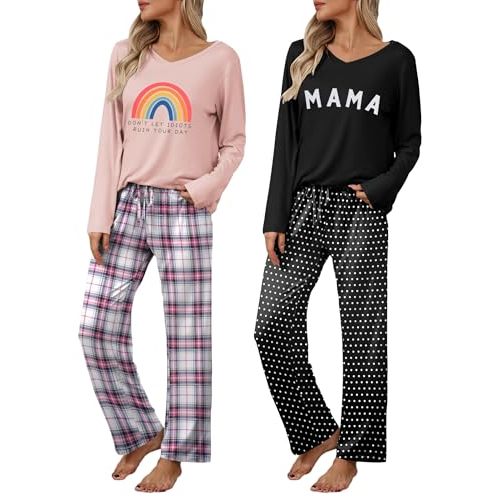 Ekouaer Womens 2 Pack Pajama Set Long Sleeve Pajamas Top and Pants V Neck Pjs Set Soft Loungewear with Pockets