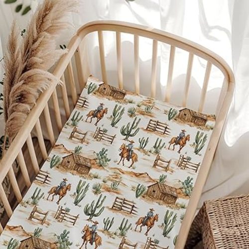 Western Cowboy Horse Fitted Baby Crib Sheet for Boys Girls 52x28x9 in Vintage Cactus Barn Farm Fitted Crib Sheet Fits Standard Cribs and Toddler Mattresses Wild West Nursery Bed Sheets Horse One Size