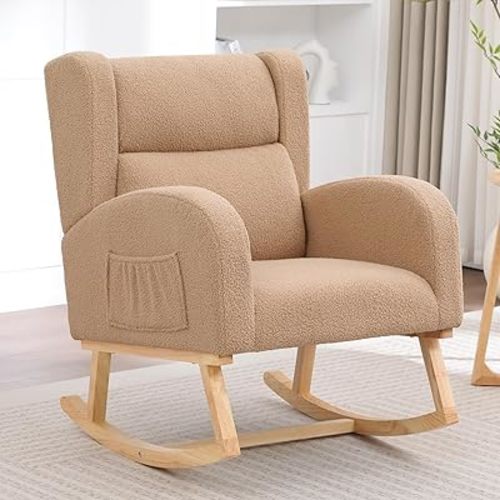 Rocking Chair Nursery,Teddy Nursery Rocking Chairs, Wingback Rocker for Nursery for Living Room Bedroom(Teddy Khaki)