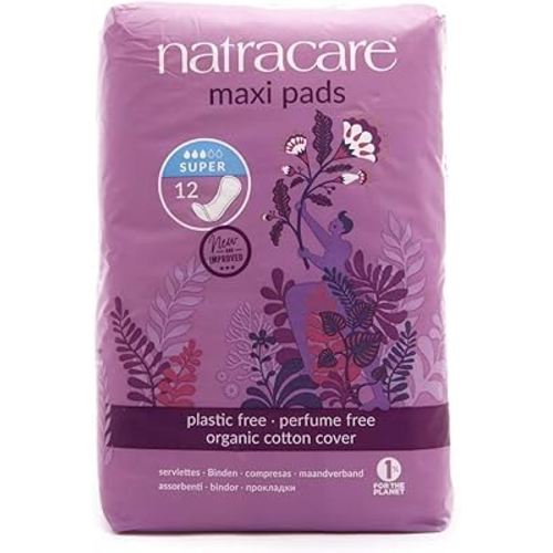 Natracare Natural Traditional Style Maxi Pads, Super, Individually Wrapped, Without Wings in Plant-Based Bag (1 Pack, 12 Pads Total)