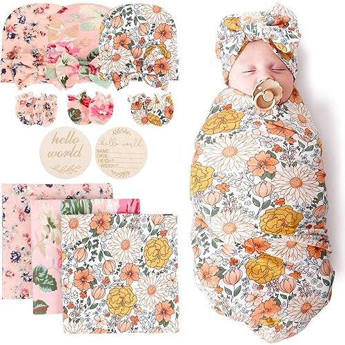 DRESHOW BQUBO Floral Swaddles for Baby Girl Newborn Receiving Blanket with Bow Hat Mittens Wooden Birth Announcement Card Set Baby Floral Print Swaddle Nursery Swaddle Wrap