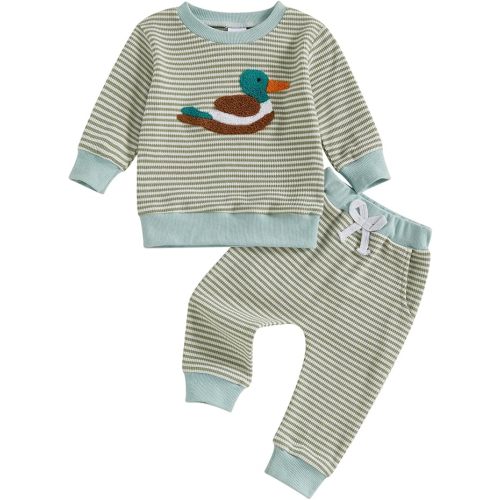 fhutpw Baby Toddler Boy Girl Fall Winter Clothes Embroidery Stripe Pullover Pants Sets Infant Long Sleeve Sweatshirt Outfits