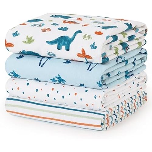 david's kids 4 Pack Baby Muslin Swaddle Blankets, 100% Cotton and Ultra Soft Breathable Receiving Blanket Wrap for Boys Girls, New Born Essentials, Large 47 x 47 inches, Dinosaur Blue