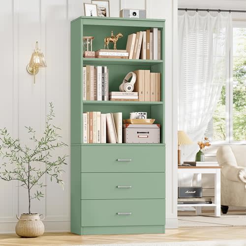 FOTOSOK 71" H Bookshelf with Drawers, Bookshelf and Bookcase with 3-Tier Open Shelves, Tall Bookcase Tall Storage Cabinet for Home Office, Green