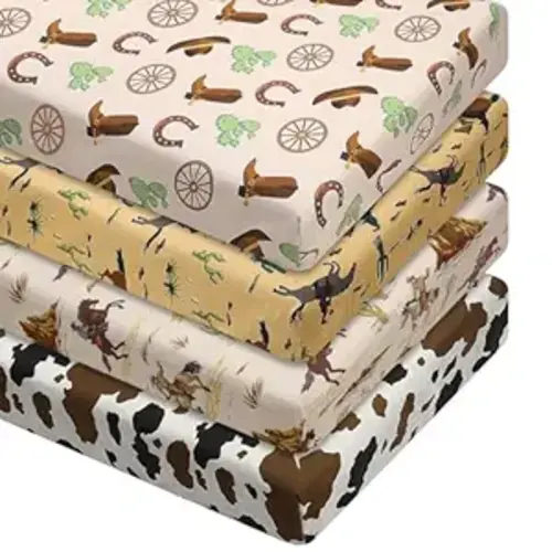VitalCozy 4 Pcs Western Cowboy Crib Sheet Set Newborn Bedding Nursery Baby Sheets for Girl Boys Baby Gifts for Standard Crib and Toddler Mattresses, 52 x 28 x 8 Inches