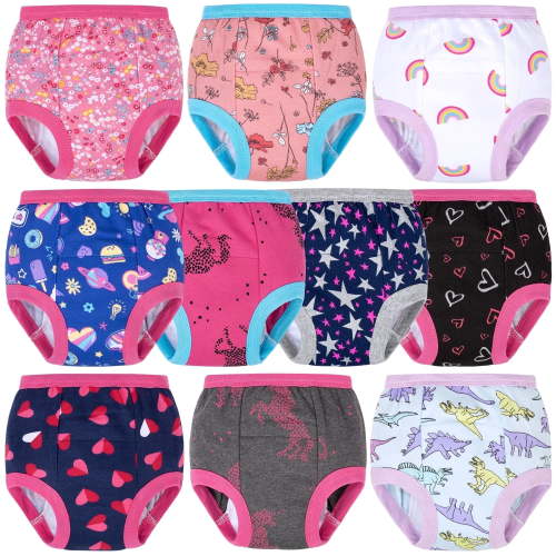 BIG ELEPHANT 10 Packs Baby Girls' and Boys' Potty Training Pants, 100% Cotton Absorbent Training Underwear for Toddler, 3T