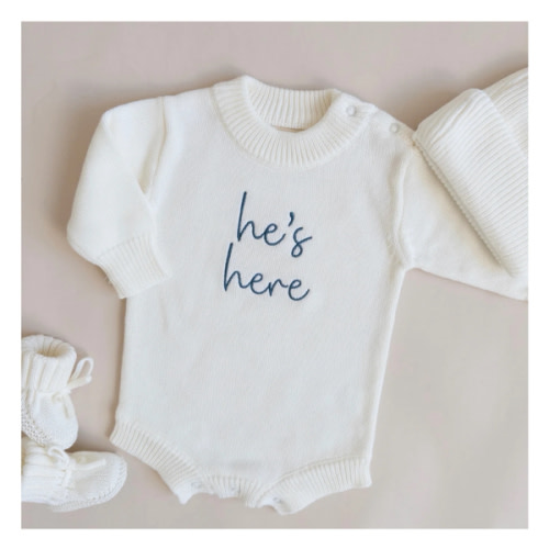 He's Here Knit Romper - Cloud