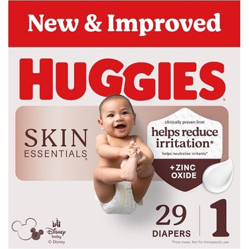 Huggies Size 1 Diapers, Skin Essentials Baby Diapers, Size 1 (8-14 lbs), 29 Count, Packaging May Vary