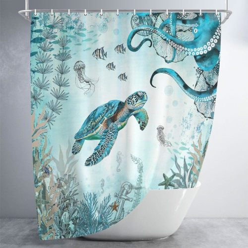 Wathon Sea Turtle Octopus Shower Curtain Blue Teal Ocean Bath Curtain Fish Underwater Animal Seashell Jellyfish Coastal Theme Ba