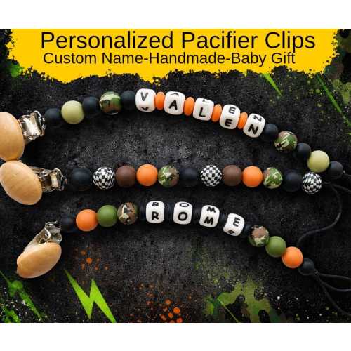 Camo Personalized Pacifier Clip, handmade for baby boys or girls, stylish