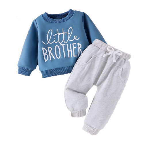 FINALGANG Baby Boys Casual Two Piece Outfit With Round Neck Long Sleeve Little Brother Print Sweatshirt Drawstring Waist Jogger Pants Lightweight Set
