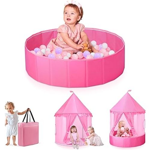 3-in-1 Ball Pit & Play Tent for Toddlers: Large 40" Pink Kids Ball Pit and Princess Tent - Princess Castle Playhouse Tent for Girls Kids Babies - Foldable Portable Toys for Indoor & Outdoor