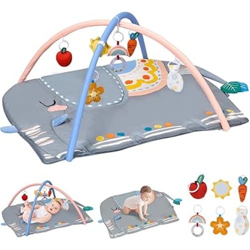 Baby Play Gym Tummy Time Mat, Oversize Elephant Activity Mat with 6 Detachable Toys, Promote Motor Skills & Sensory Development Mat, Newborn Infant Baby Essentials Gift