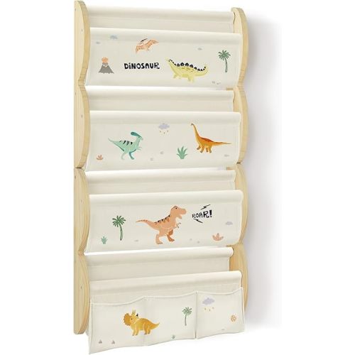 Wooden Wall Mounted Bookshelf for Kids Rooms, 4 Tier Floating Nursery Book Shelf, Kids Bookshelf with 2 Pockets, Toddler Sling Book Rack with Deep Sleeves (Dinosaur)
