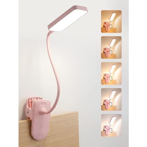Pink Desk Lamp with Clamp Light,9 Brightness+5 Color Clip on Light,4000mAh Battery Rechargeable Desk Lamp Cute,48 LED Desk Light,Cordless Small Clip on Reading Light for Bed/Headboard/Bedside Table
