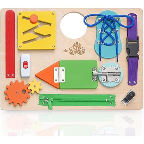 deMoca Toddler Busy Board, Premium Wooden Sensory Busy Board for Toddlers 1 2 3 Year Old with 10 Educational Activities for Fine Motor Skills, Fidget Activity Toy for Travel