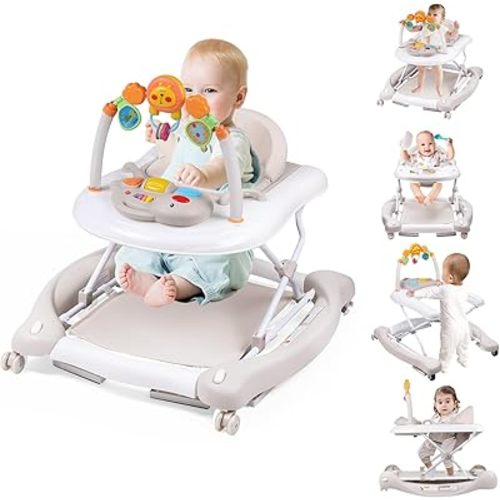 Baby Walker, 5-in-1 Baby Walkers for Boys and Girls 6-12 Months with Bouncer, Removable Footrest, Feeding Tray & Music, Foldable & Adjustable Activity Walker for 6-18 Months Toddler Infant