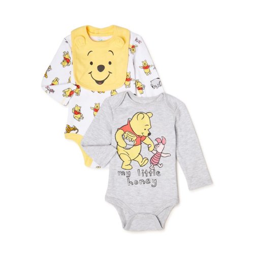 Disney Pooh Baby Boy’s Long Sleeve Bodysuits and Bib, 2 Pack Sizes 0/3-24 Months