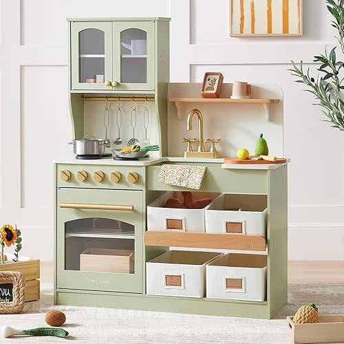 Tiny Land Play Kitchen for Kids, Wooden Toy Kitchen Set with Storage & Accessories, Toddler Kitchen Playset with Stove & Sink, Kids Kitchen Playset Gift for Ages 3-8