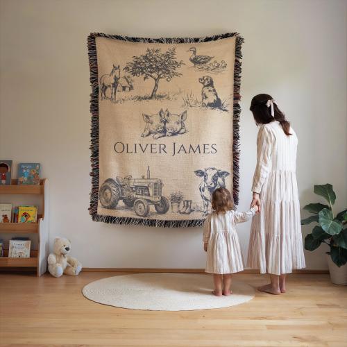 Personalized Farm Animal Baby Woven Blanket, Vintage Barnyard Nursery, Farm Baby Shower Gift, Hand Draw Farm Blanket, Farm Nursery Decor