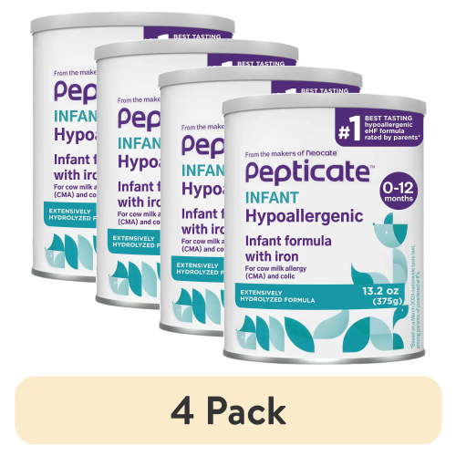 (4 pack) Pepticate Baby Formula, Hypoallergenic Powdered Infant Formula for Cow Milk Allergy, with Omega 3 DHA, ARA, Iron & Prebiotics, 13.2oz