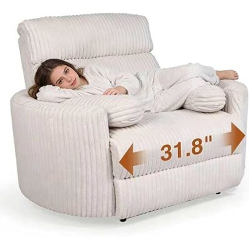 Power Recliner Chair Electric for Living Room, Extra-Large Modern Extra-Wide Seat, Manual Headrest, Soft Fabric – Single Motor One-Touch, USB/Type-C, Phone Holder, Soft Armrests, Support Tray, WHITE