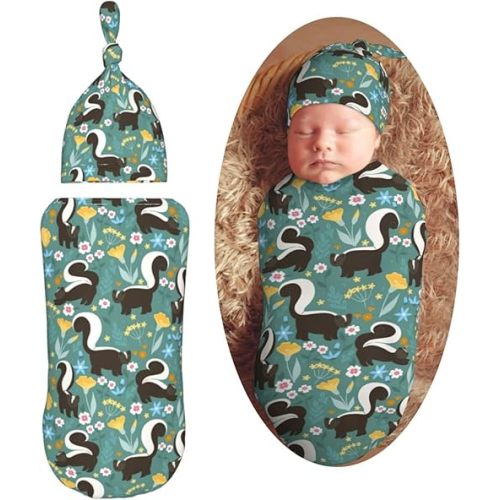 Cute Skunks and Flowers Newborn Swaddle Blanket with Beanie Set Soft Baby Sleep Sack Stretch Adjustable Swaddle Wraps Receiving Blankets