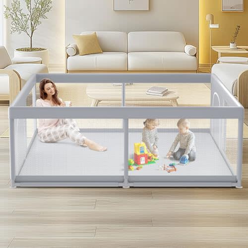XVISHX Baby Playpen, 79 x 79 Inch Play Pen, Playpen for Babies and Toddlers, Baby Playard for Indoor & Outdoor Active Center Game Fence, with Skin-Friendly Fabric and Soft Breathable Mesh Grey