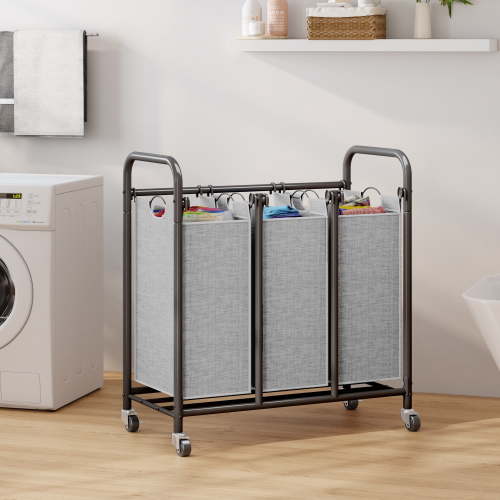 3-Bin Metal Laundry Hamper Cart with Wheels Laundry Sorter Organizer