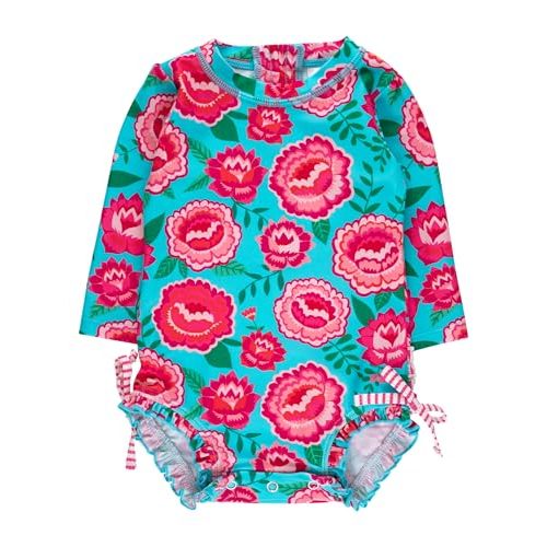 RuffleButts Baby Girls Novelty Baby One Piece - Rash Guard Swimsuit UPF 50+ | Premium Quality, 4-way Stretch, Snap + Zipper Closure, Long Sleeves, Hand Wash, UPF 50+ Sun Protection