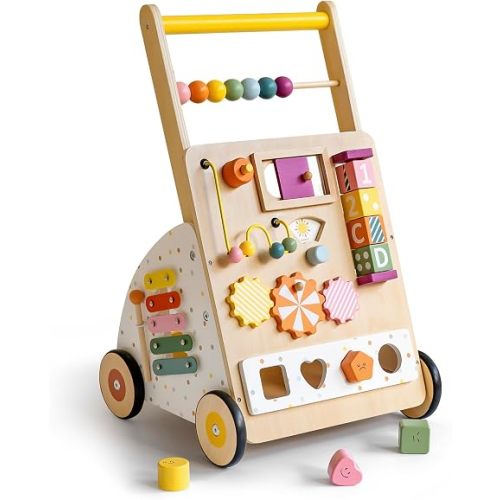Wooden Baby Walker Activity Center with 10-in-1 Sensory Play, 18 Months+