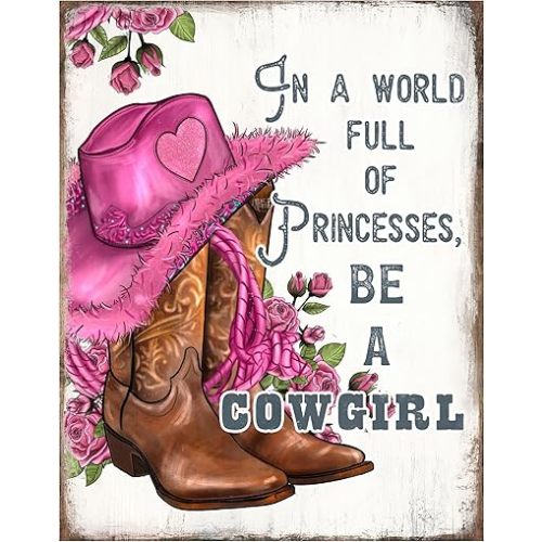 Cowgirl Wall Art 11x14 Inspirational Quote - In a World Full of Princesses Be a Cowgirl - Pink Western Room Decor for Girls Bedroom - Country Home Decoration - Rustic Gift for Women - Unframed