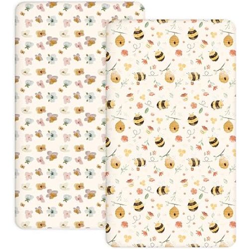 Crib Sheets for Boys and Girls, 2 Pack Fitted Baby Sheets for Standard Toddler Mattress 28" x 52", Soft Breathable Jersey Knit Baby Bedding (Bee Happy)