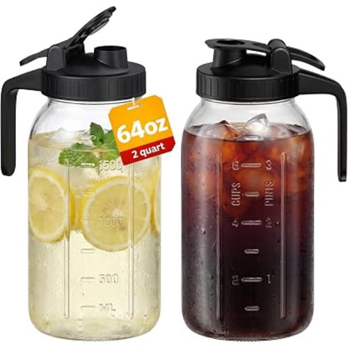 Mason Jar Pitcher Set of 2, 64oz (2quart) Glass Pitcher with Lid for Tea