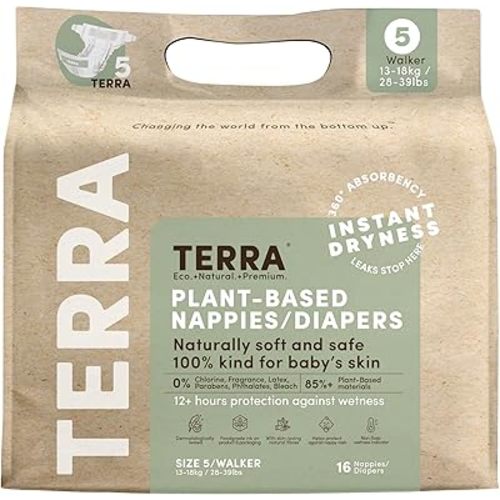 Terra Diapers Size 5: 85% Plant-Based Diapers, Ultra-Soft & Chemical-Free for Sensitive Skin, Superior Absorbency for Day or Nighttime Diapers, Designed for Toddlers 28-39 Pounds, 16 Count