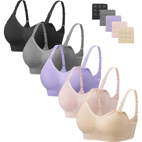 Angelhood Nursing Bra 5 Pack Womens Maternity Breastfeeding Seamless Wireless Sleep Bra with Extenders
