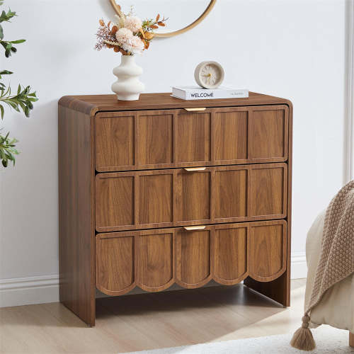 Modern Wood 3 Drawer Dresser Storage Cabinet with Wave Fluted Drawer