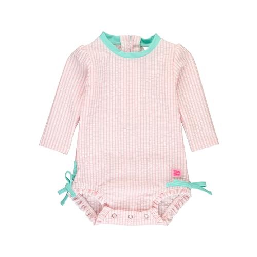 RuffleButts Baby/Toddler Girls Seersucker Long Sleeve One Piece Rash Guard Swimsuit with UPF 50+ Sun Protection