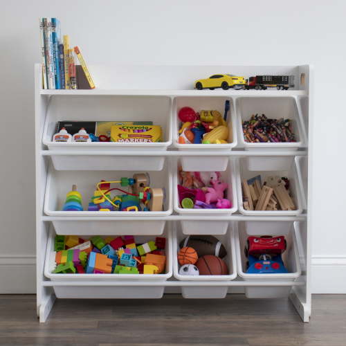 Humble Crew Kids Toy Storage Organizer with Shelf and 9 Plastic Storage Bins, White