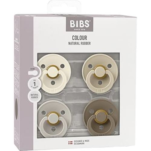 BIBS Pacifiers - Colour 4-Pack | BPA Free Baby Pacifier | Round Nipple Binkies | Natural Rubber Latex Soother | Made in Denmark | Size 1 (0-6 Months) | Vanilla Mix