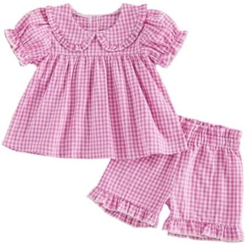 Toddler Baby Girl Outfit Peter Pan Collar Sleeveless Vest Tops Gingham Print Elastic Waist Shorts Set Summer Clothes