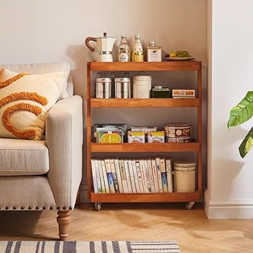 4-Tier Solid Wood Rolling Cart, Narrow Utility Cart Multifunctional Storage Trolley Organizer with Wheels, Side Table Snack Caddy for Living Room, Sofa or Bedroom(64x20x82cm(25x8x32inch), Natural)